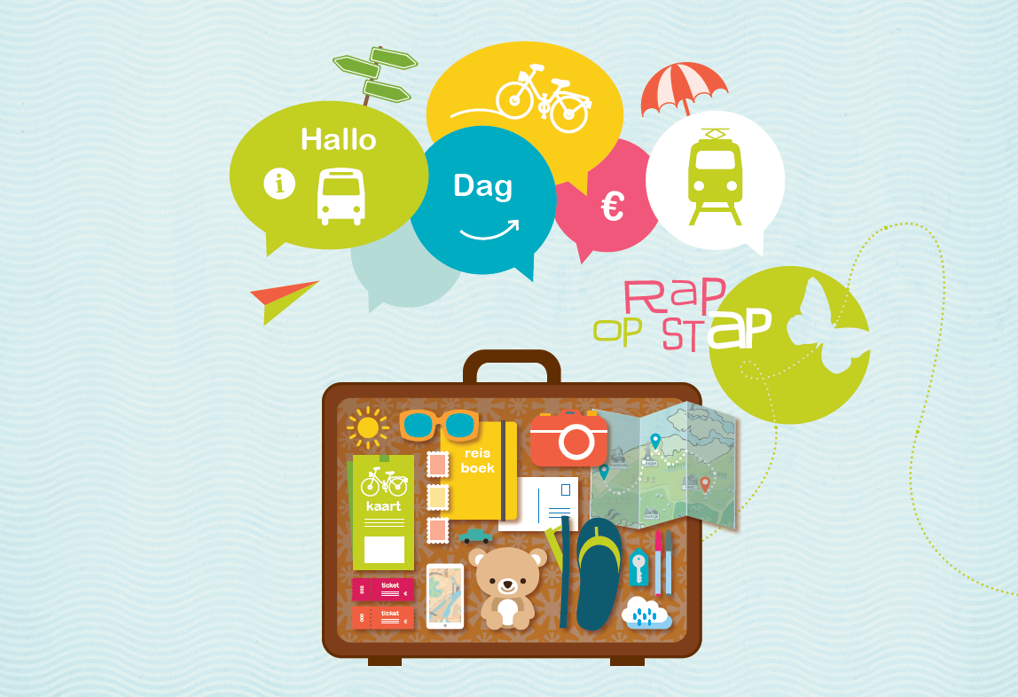 illustratie van valies met materiaal in, logo Rap op Stap en ballonnetjes met hallo, dag, trein, fiets